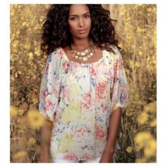 Cabi In Case Blouse White Yellow Red Blue Peasant Watercolor Floral Top 826 M - Picture 3 of 8